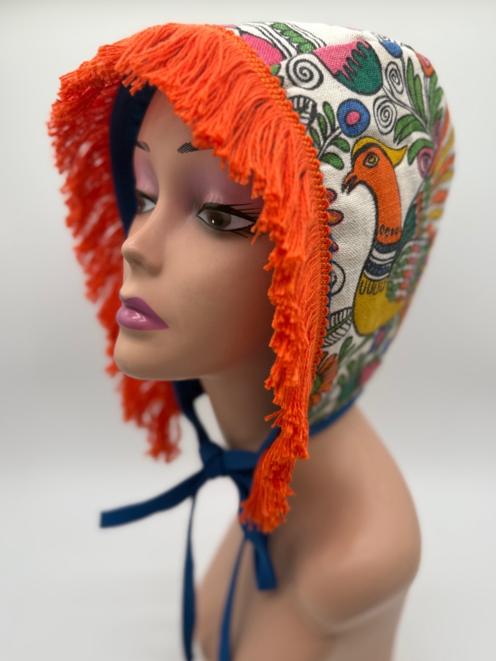 Linen Birds Bonnet Hood - Adult Size S / M
